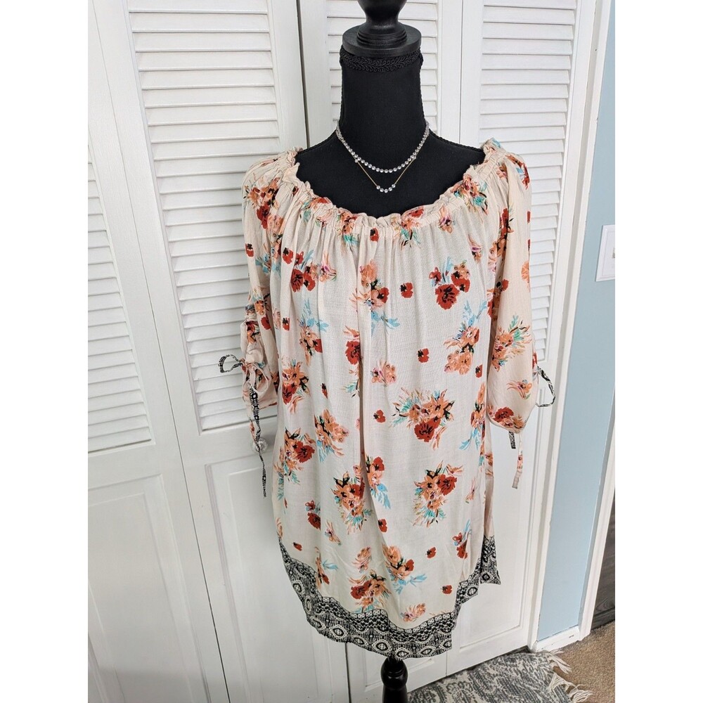 Jorja Top Blouse Women's 1X Cream Rust Boho Peasant Border Hippie Cinched Sleeve